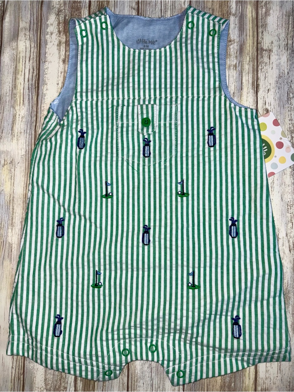 Little Me Green & White Striped Golf Embroidered Romper